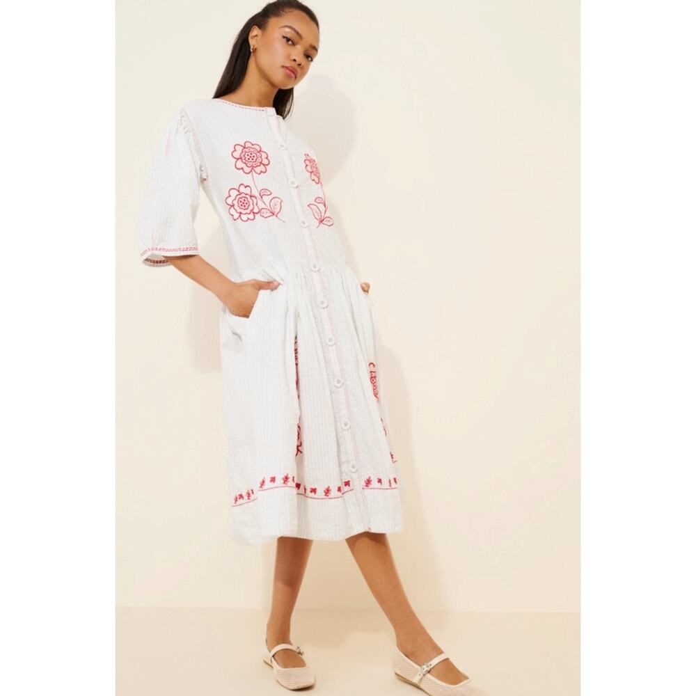 Free People Embroidered Cottage Bohemian Seersucker Saugatuck Midi Dress Medium - Picture 13 of 13